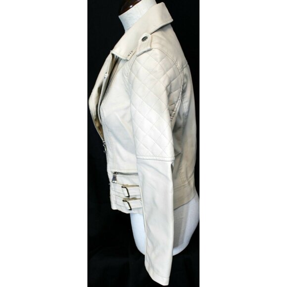 Ci Sono White Faux Vegan Leather Motorcycle Jacket Womens Small Pockets Quilted - Picture 8 of 11